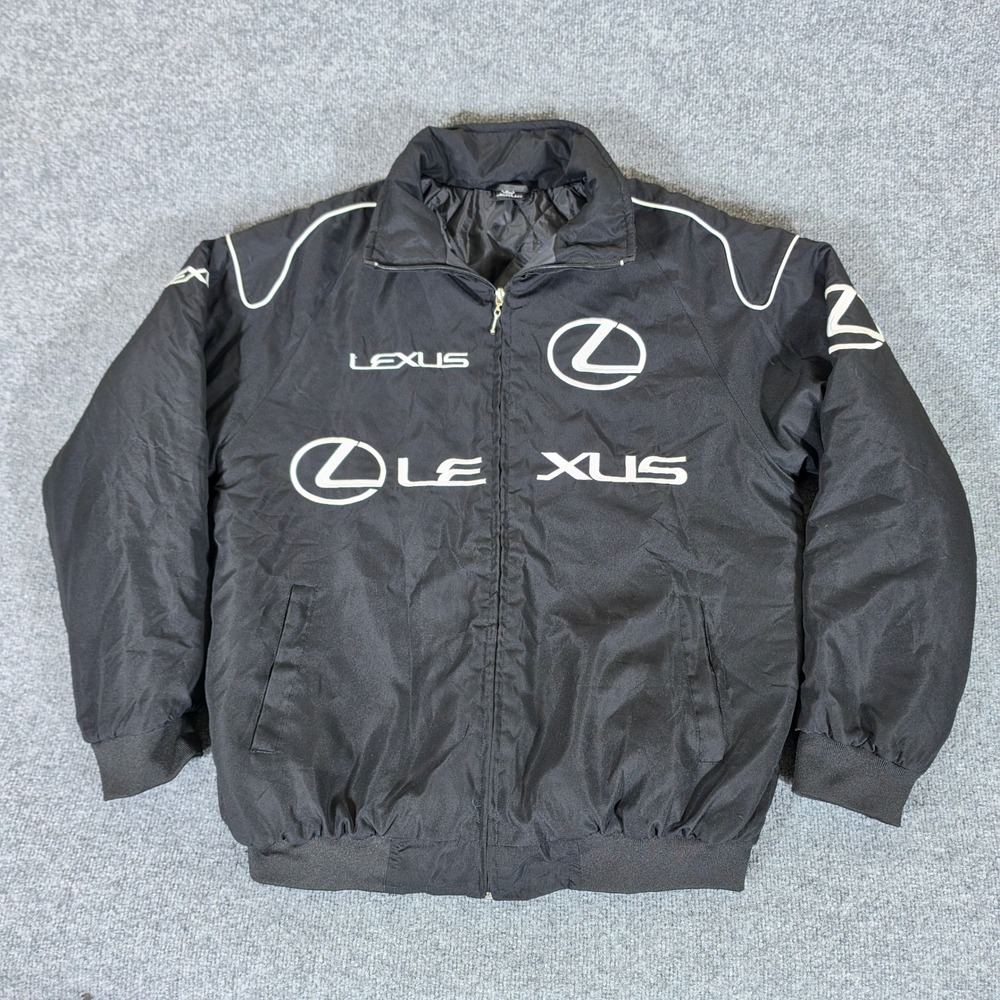 Lexus Racing Bomber Jacket Mens XL Black Embroidered Quilted Full Zip Mock Neck